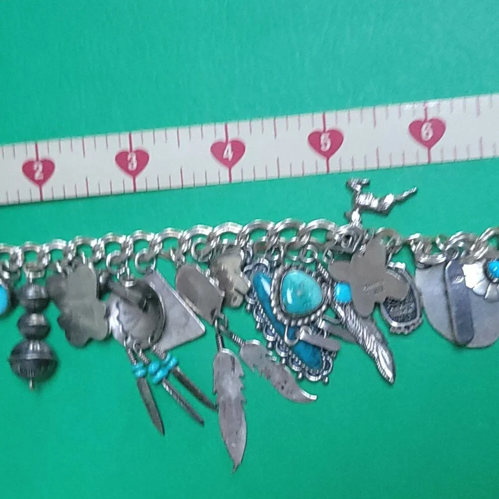 NAVAJO, HOPI, ZUNI & PAWN Turquoise Spiny Oyster, Lapis, Coral CHARM BRACELET - Picture 11 of 12